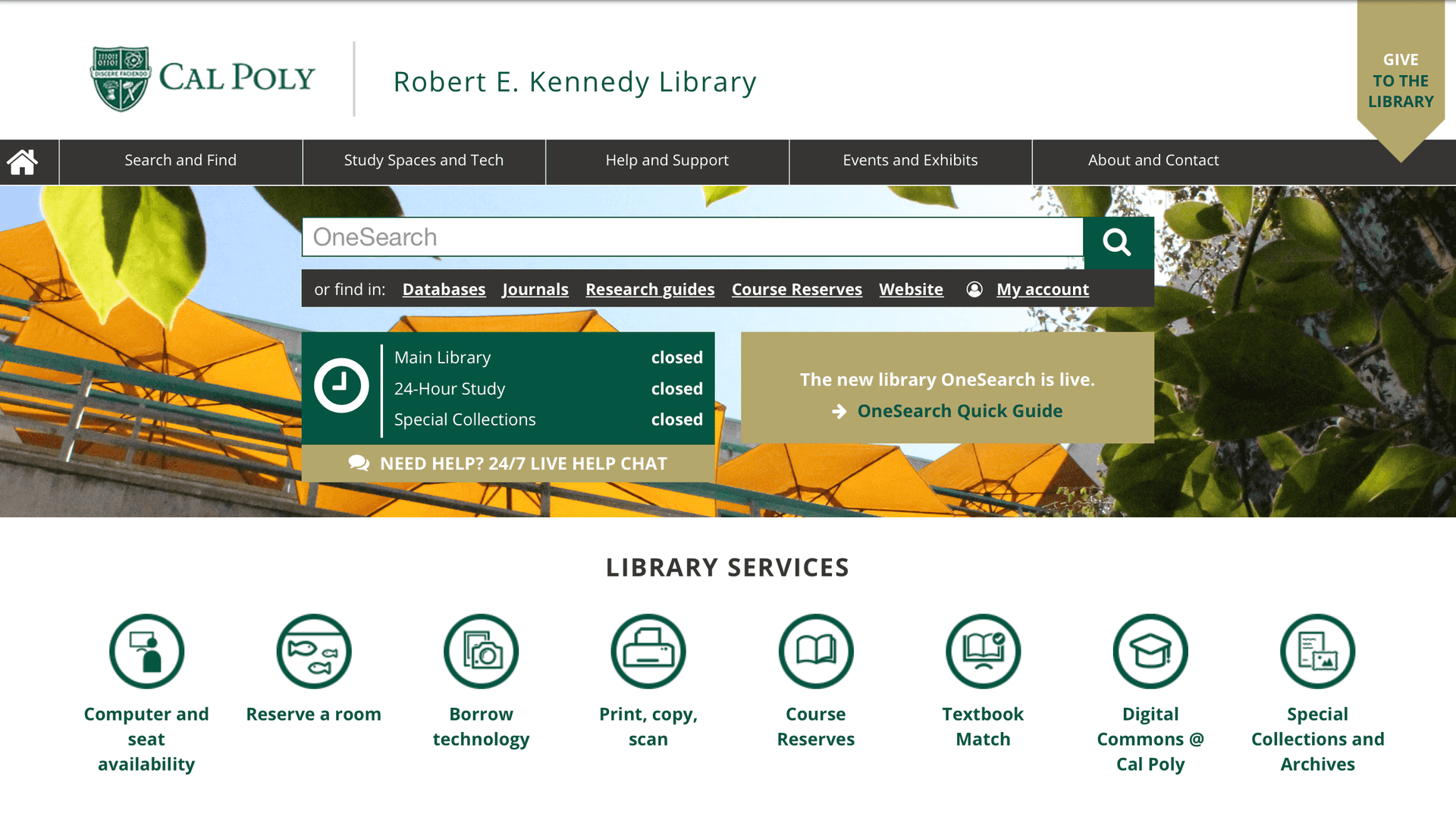 A screenshot of the Robert E. Kennedy Library main page