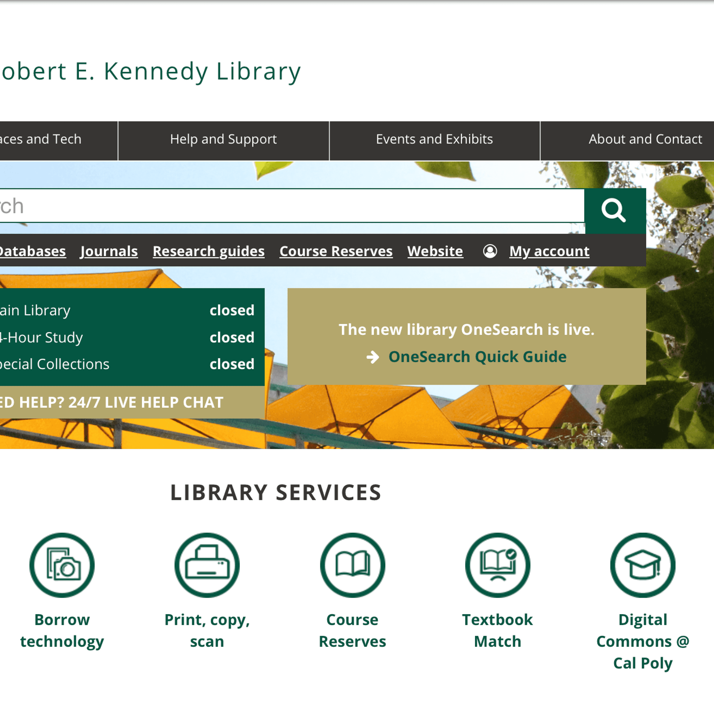 A screenshot of the Robert E. Kennedy Library main page