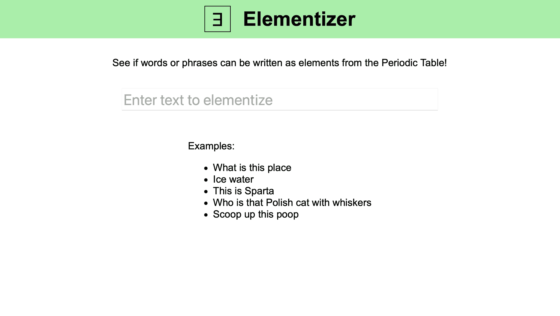 A screenshot of the Elementizer website