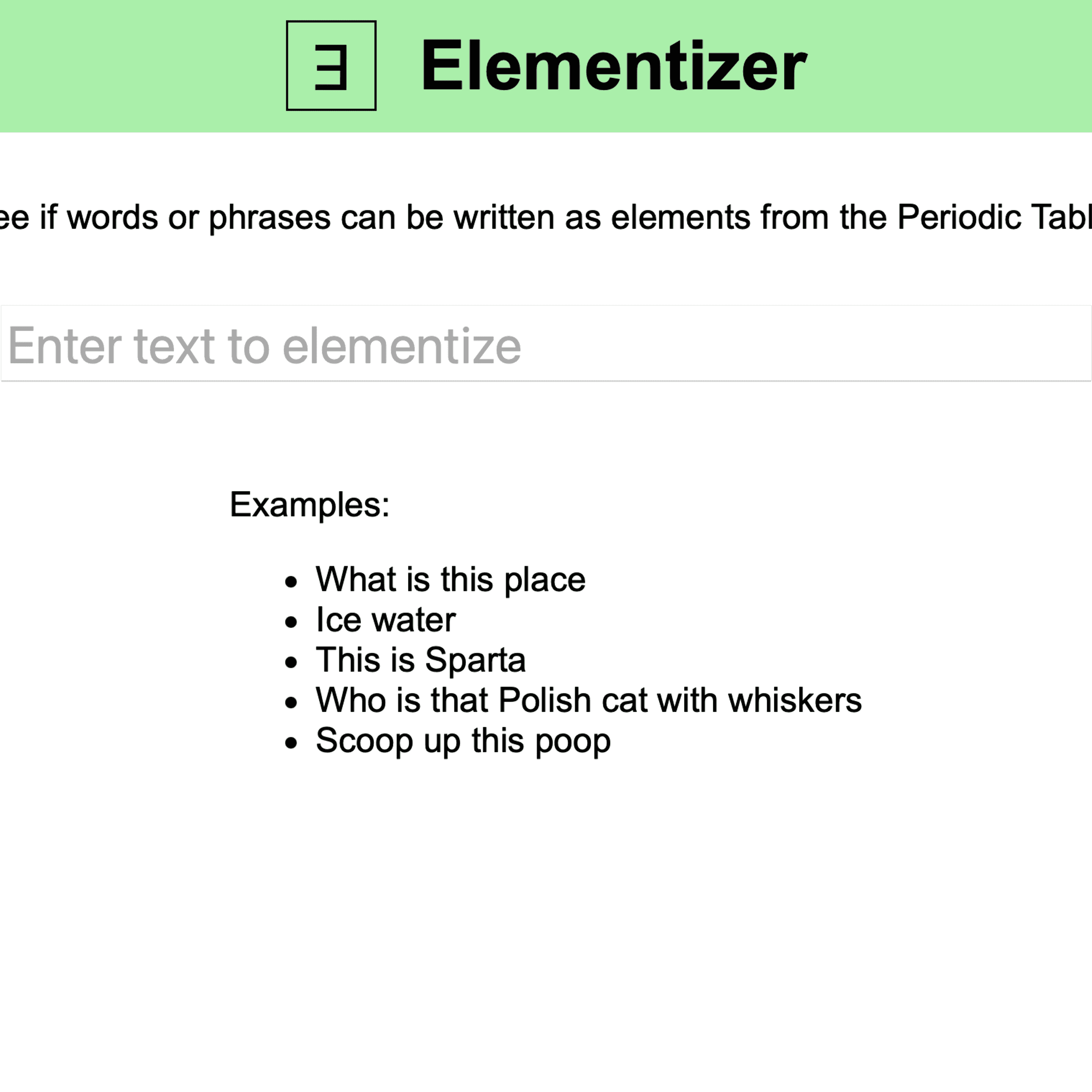 A screenshot of the Elementizer website