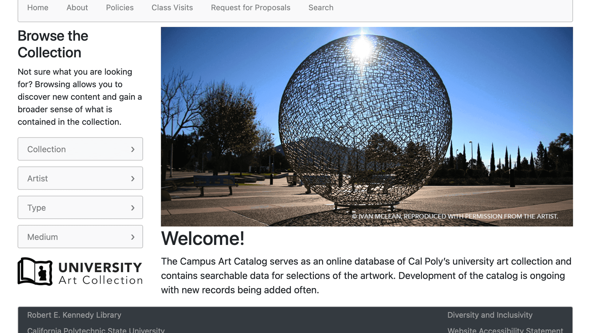 A screenshot of the University Art Collection main page