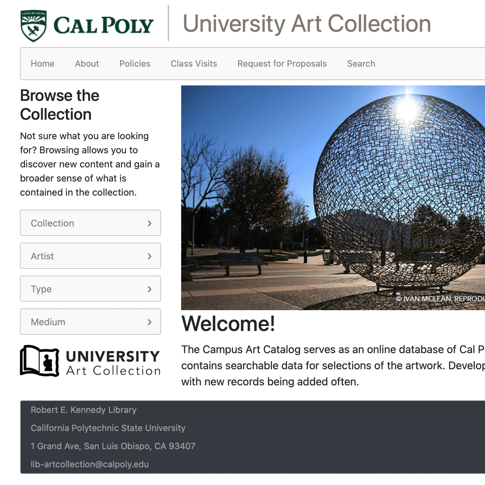 A screenshot of the University Art Collection main page
